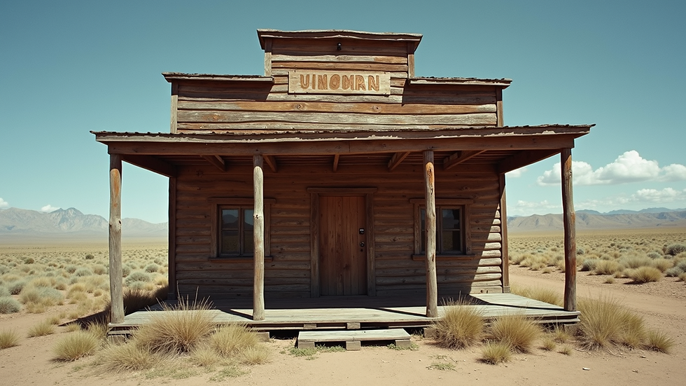 Eye-level view of an old, weathered Western saloon