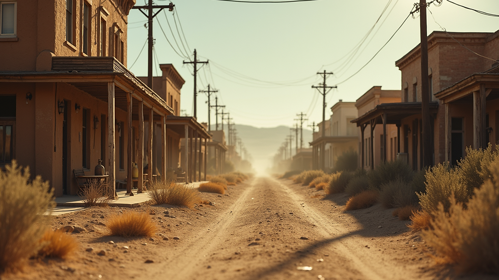 Eye-level view of a dusty ghost town with eerie shadows