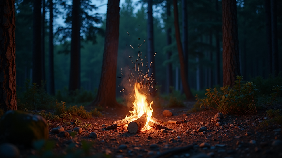 High angle view of a nighttime campfire in a dark forest