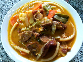 Smoke Bone and Pigtail Soup with Carrots, Sweet Peppers, Macaroni, Pumpkin and Cabbage