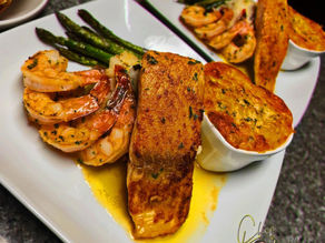 Blackened Salmon, Sauteed Shrimp and Mac & Cheese