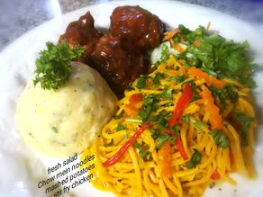 Fresh Salad, Chow Mein Noodles, Mashed Potatoes & Stir Fry Chicken