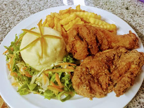 Mashed Potatoes, French Fries, Fried Chicken with Salad