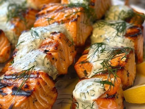 Grilled Salmon Skewers with Creamy Dill Yogurt Sauce