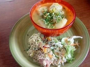 Trini cow heel soup with Chadon Beni Chutney. Accompanied with Ochro and Pigtail cookup and fresh