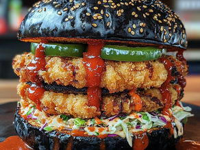 Spicy Double Crispy Chicken Burger with Black Buns