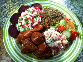 Color Rice, Lentils, cheesy Potato Salad, Stew Chicken, Fresh Salad & Beetroot