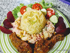 Cabbage fried rice Stew chicken Potato salad TLC