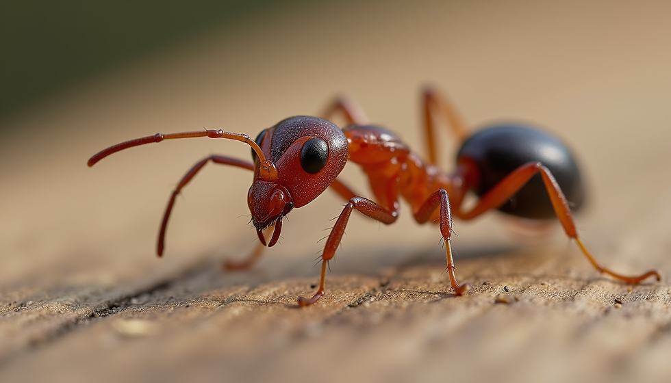Close-up profile view of a large black and reddish-black carpenter ant crawling on a textured wooden surface.