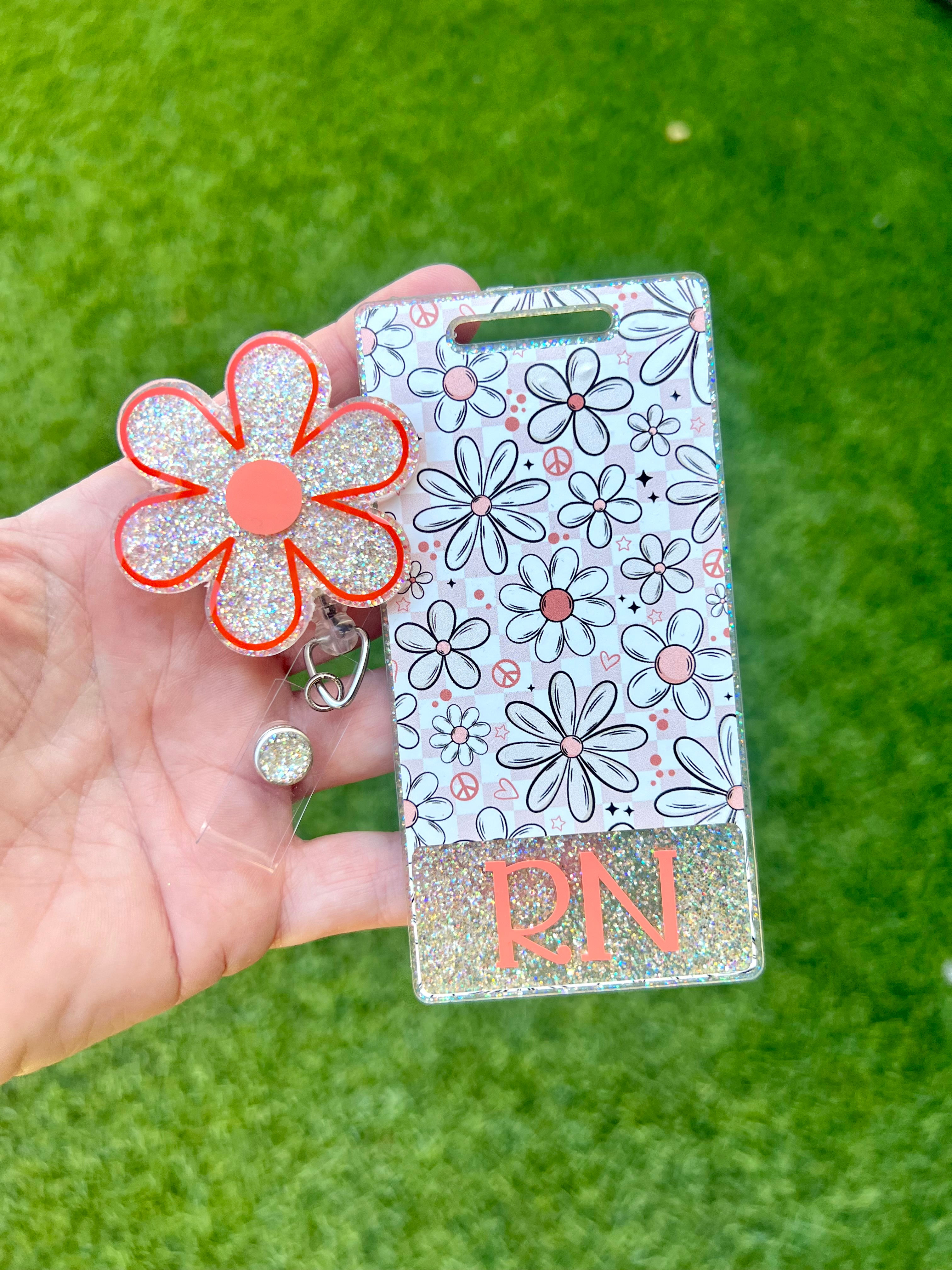 Glitter Floral Badge Buddy with Retractable Reel