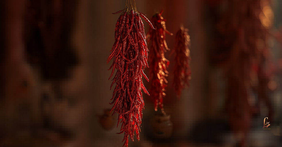 Calabrian hot peppers glowing red in morning sunlight