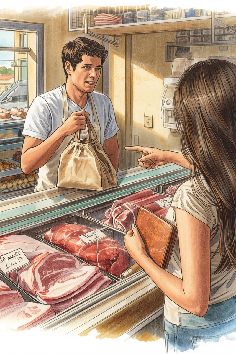 Il macellaio giovane consegna la busta alla donna, che ha lasciato il portafoglio in macchina e indica fuori.