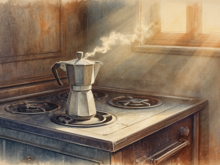 A farmhouse kitchen window at dawn in Puglia, with a moka pot steaming on the stove