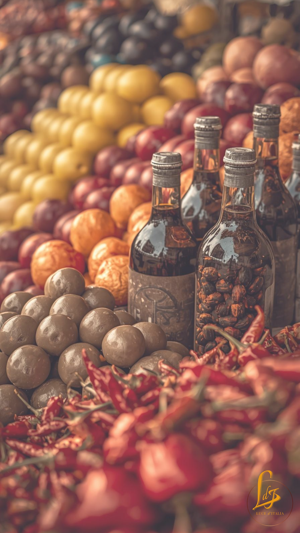 Calabrian peppers and other fruit at a vendor stand.