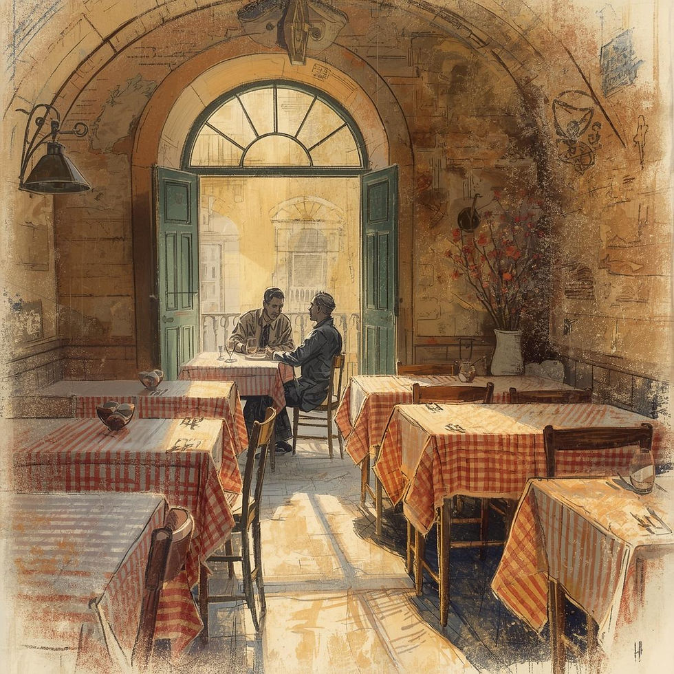 Rustic trattoria scene with two shadowy figures seated near the door