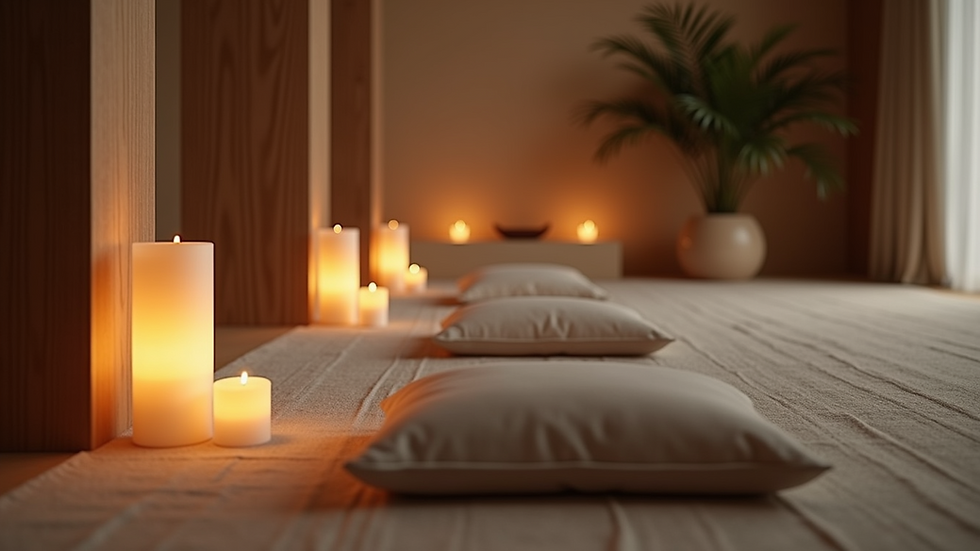 Eye-level view of a serene meditation space with cushions and candles