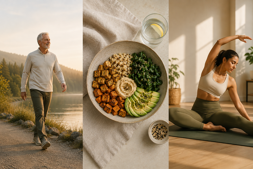 Older man walking outdoors, a balanced meal, and a woman stretching indoors in warm natural light.