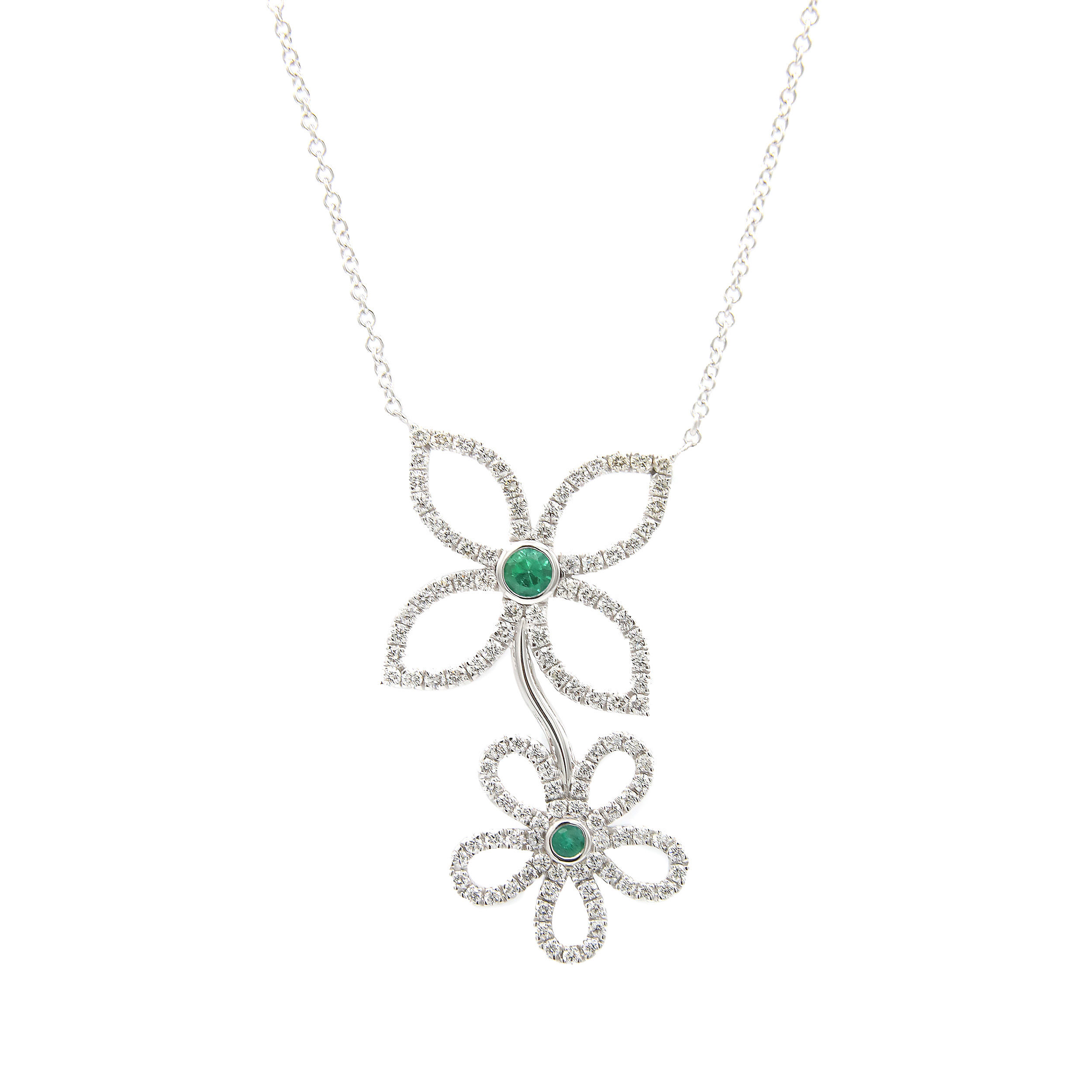 Wendy G Double Flower Diamond & Emerald Necklace 14k White Gold