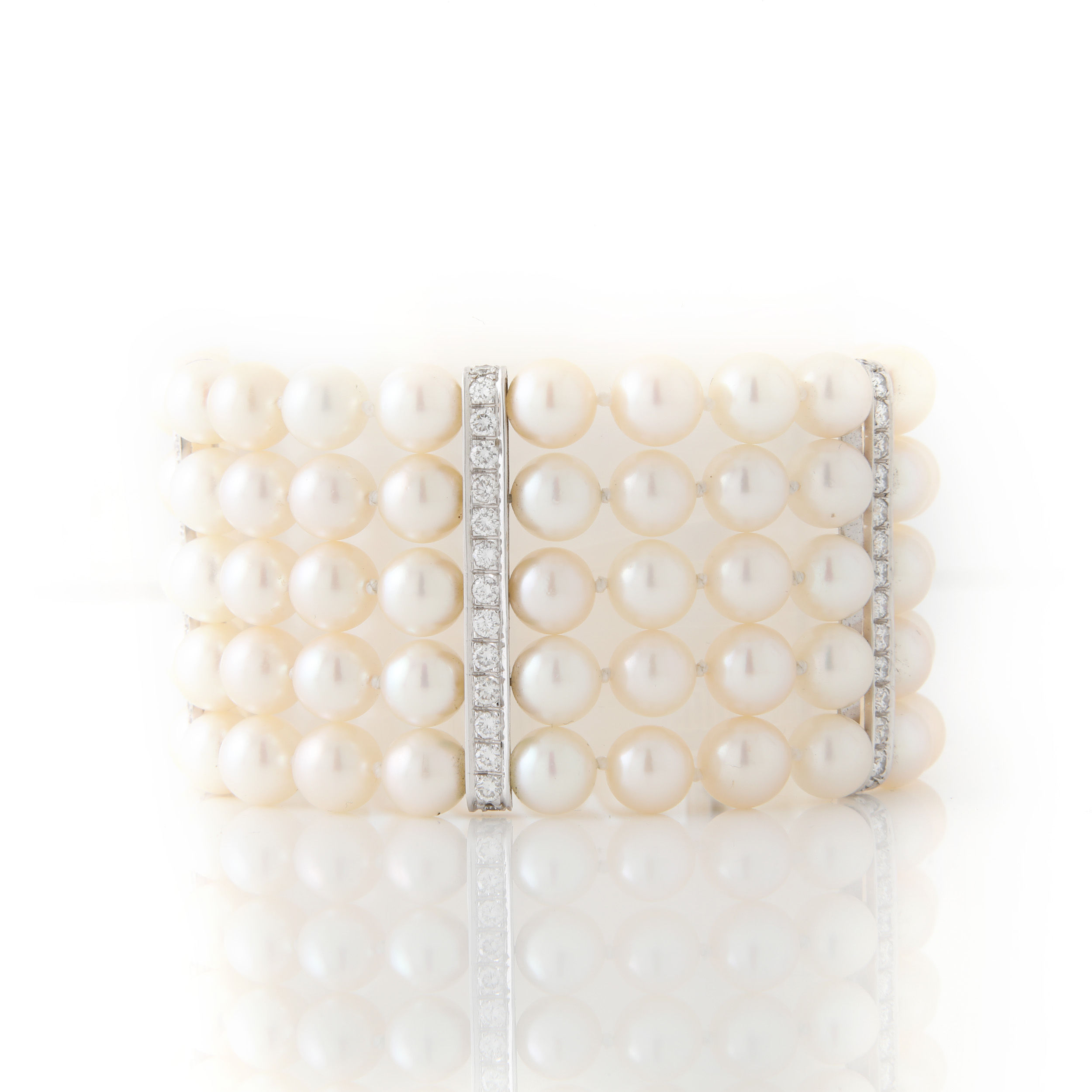 Five Strand Pearl Bracelet with Diamond Spacers & Clasp 14k white gold