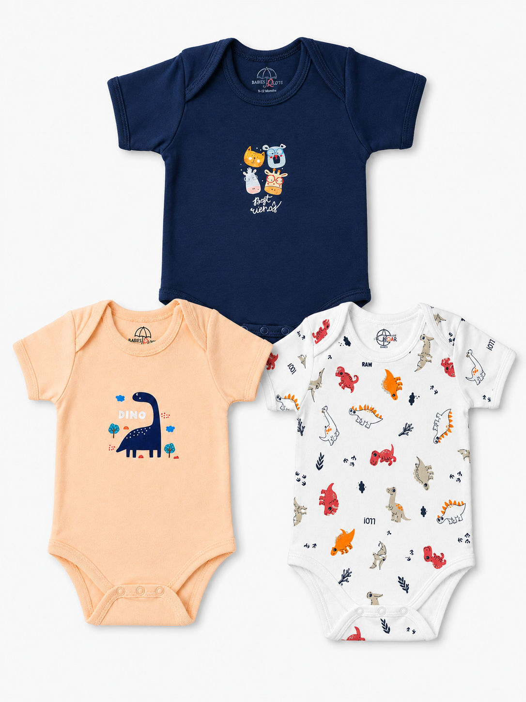 Baby Bodysuit Pack of 3 – Cute Dino & Animal Print