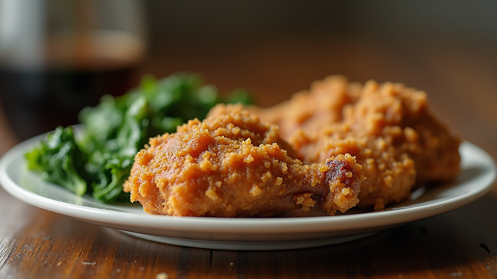 Close-up view of a plate with crispy fried chicken and collard greens