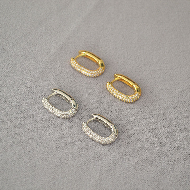 Thumbnail: 18K Gold PVD Plated- CZ Oval Hoop Earrings 