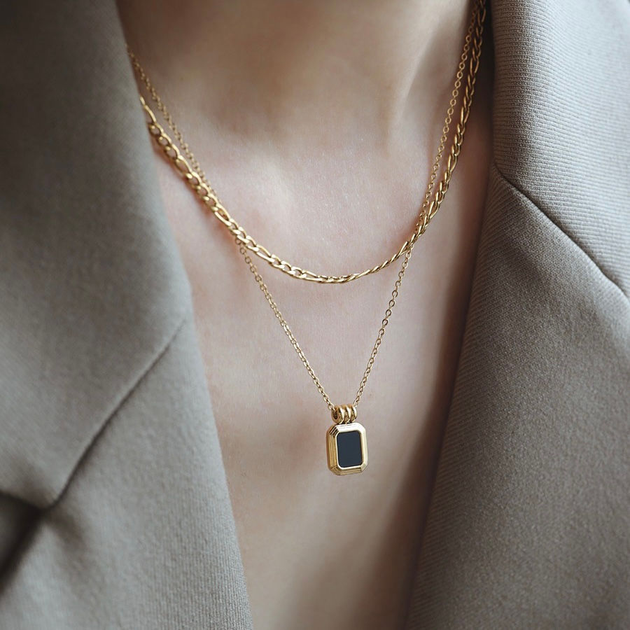 Thumbnail: 316L - 18k Gold Plated Black Double Chain Necklace 