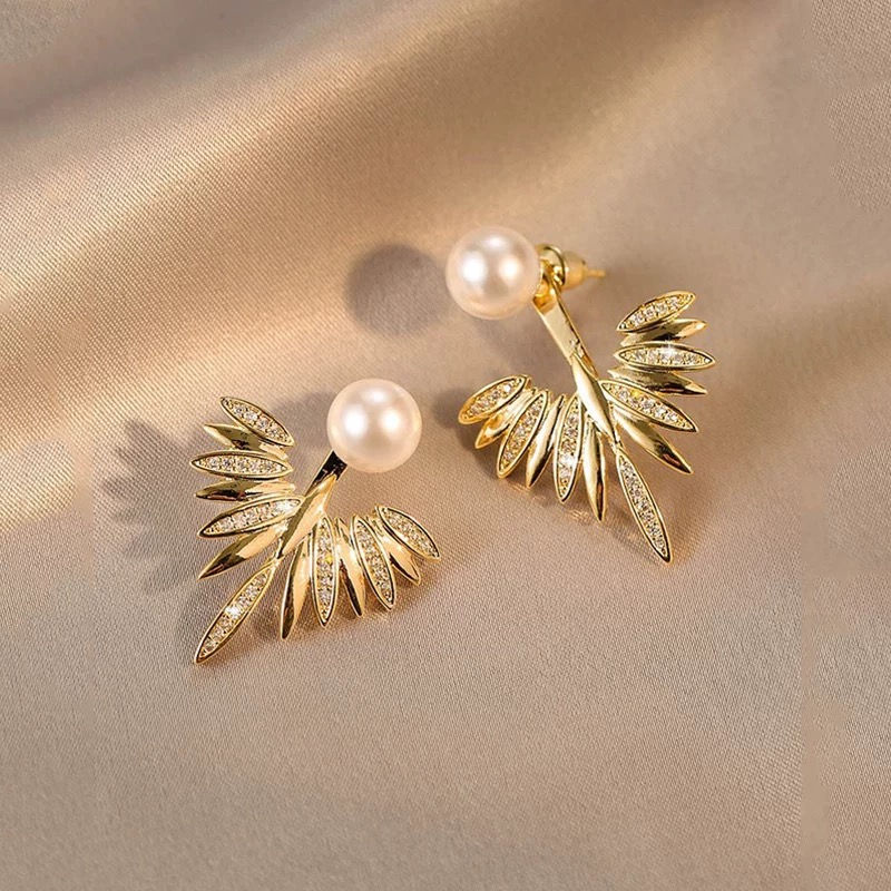Thumbnail: CZ Feather Pearl Earring- S925 Post