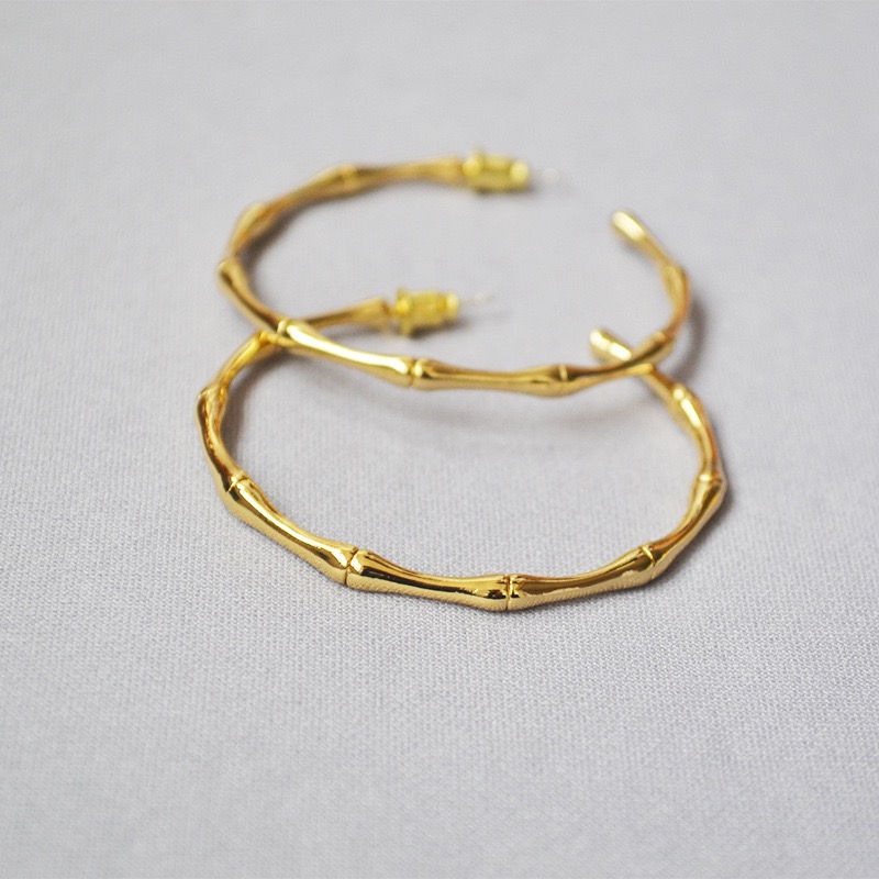 Thumbnail: 18K Gold PVD Plated- Bamboo Hoop Earrings-S925 Post