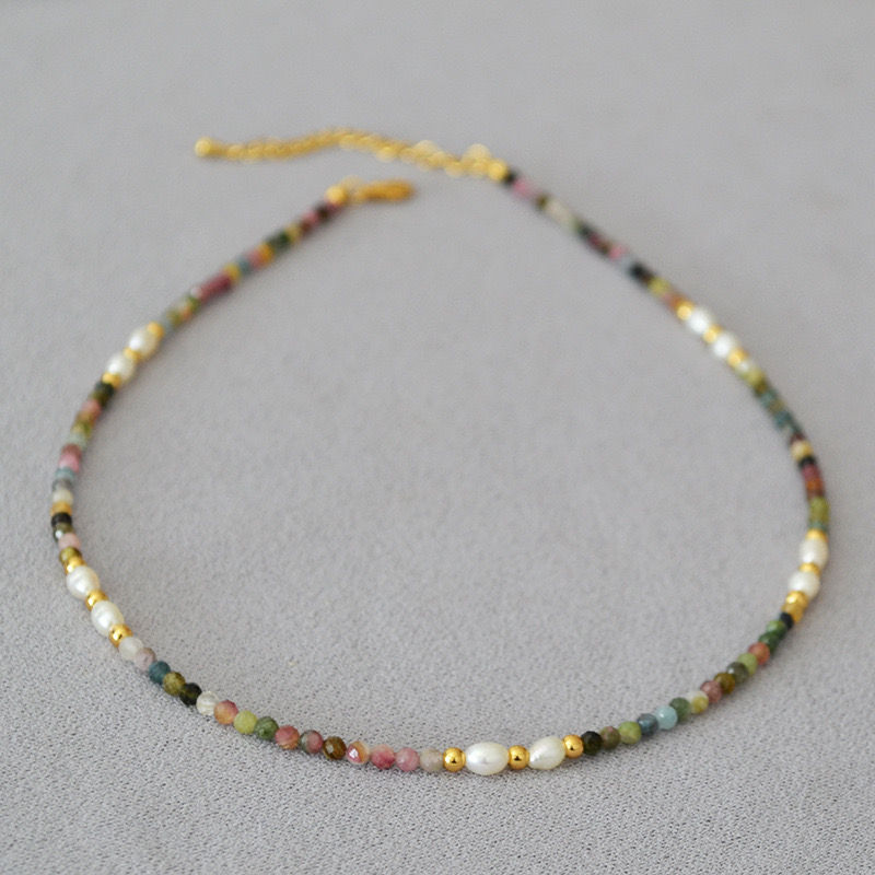 Thumbnail: 18K Gold PVD Plated- Tourmaline Stone & Freshwater Pearl Necklace 