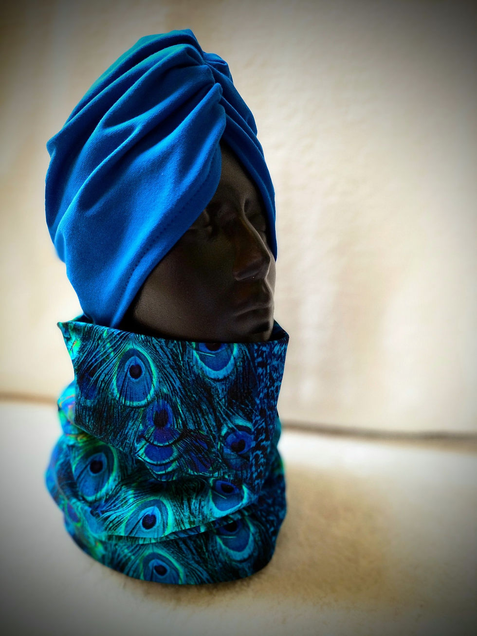 Miniatura: Zestaw damski i dla dzieci turban i komin niebieski pawie oko