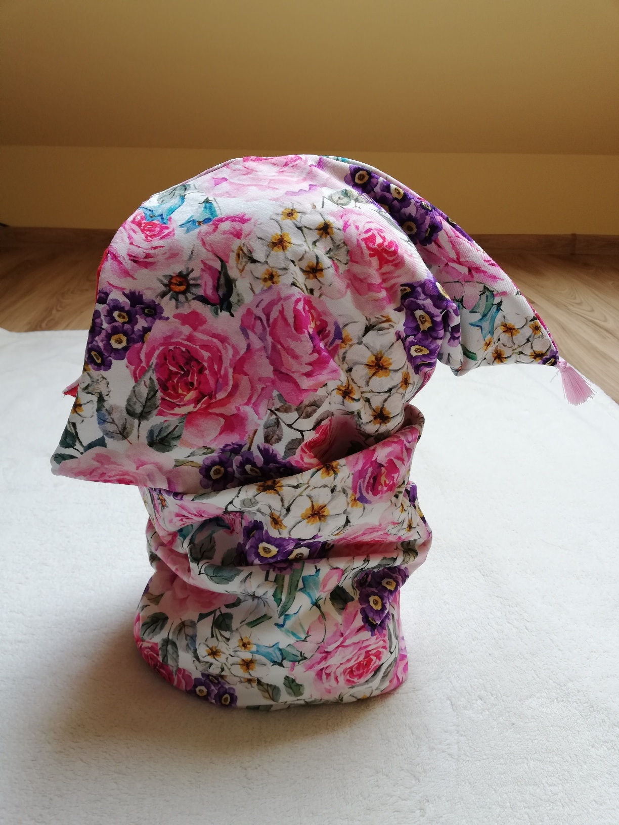 Zestaw damski i dla dzieci czapka mnicha i komin kwiaty