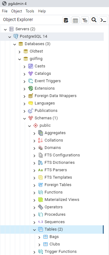 pgAdmin DB Structure