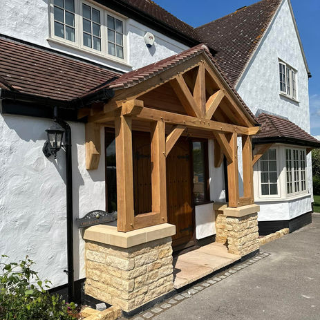 Beautifully designed oak porch with traditional joinery, enhancing the entrance of a character home in Leamington Spa.