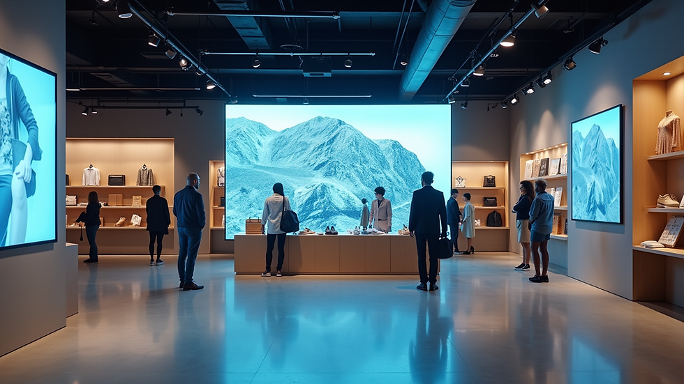 Eye-level view of a modern retail store with digital interactive displays