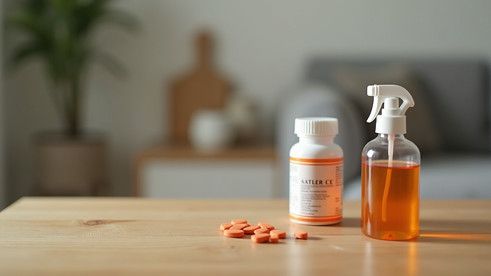 Close-up view of allergy medicine bottles and nasal spray on wooden table