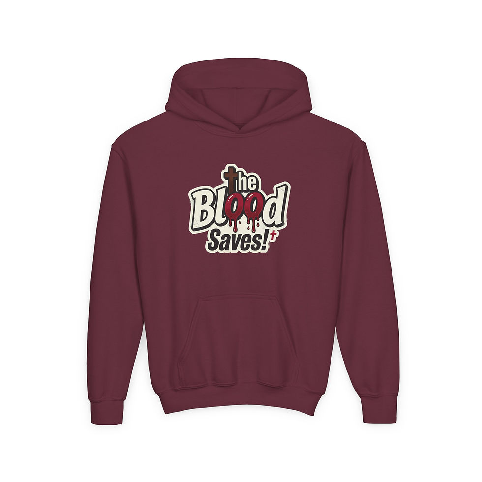 Thumbnail: Youth Hoodie - "The Blood Saves!" Christian Faith Graphic Pullover