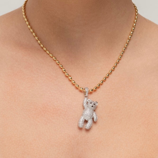 Miniatura: Urso cravejado de zirconia, corrente dourada de bolinhas, teddy, colar fashion