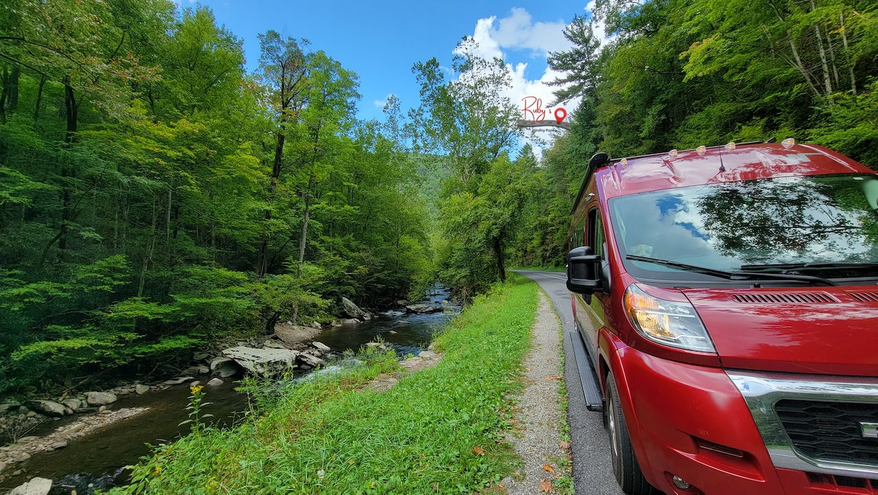 Ruby parked roadside to near a stream inside the national park.