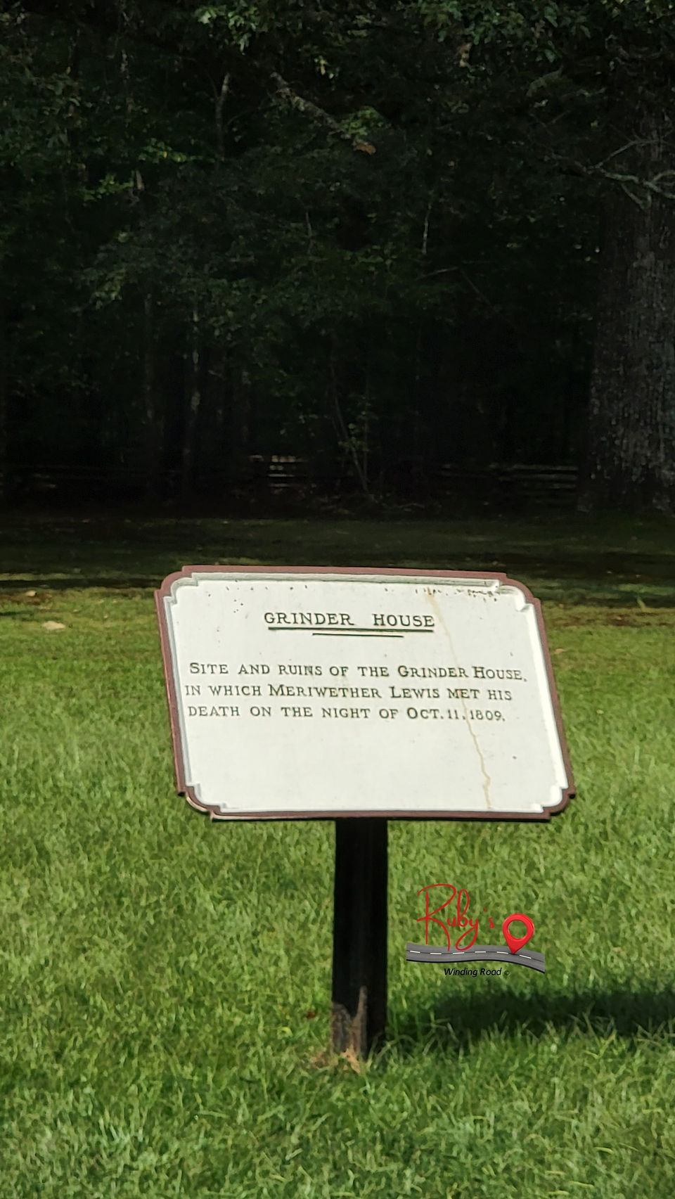 This sign shows where the ruins where Grinder House once stood are found.