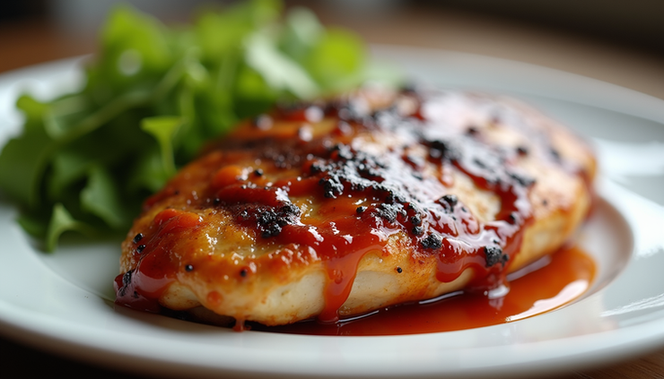 Close-up of grilled chicken coated with BBQ sauce on a plate