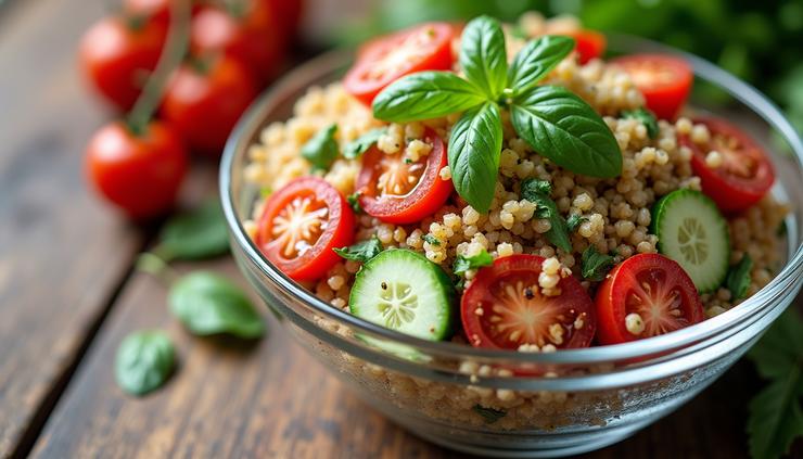High angle view of a colorful quinoa salad with vegetables in a bowl
