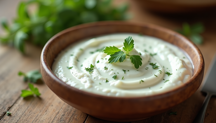 Eye-level view of a bowl of creamy yogurt dip with herbs