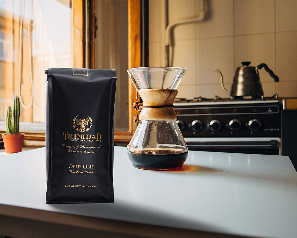Trinidad Coffee Opus One dark roast with pour-over coffee brewing setup
