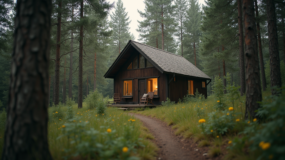 Eye-level view of a cozy tiny house surrounded by trees