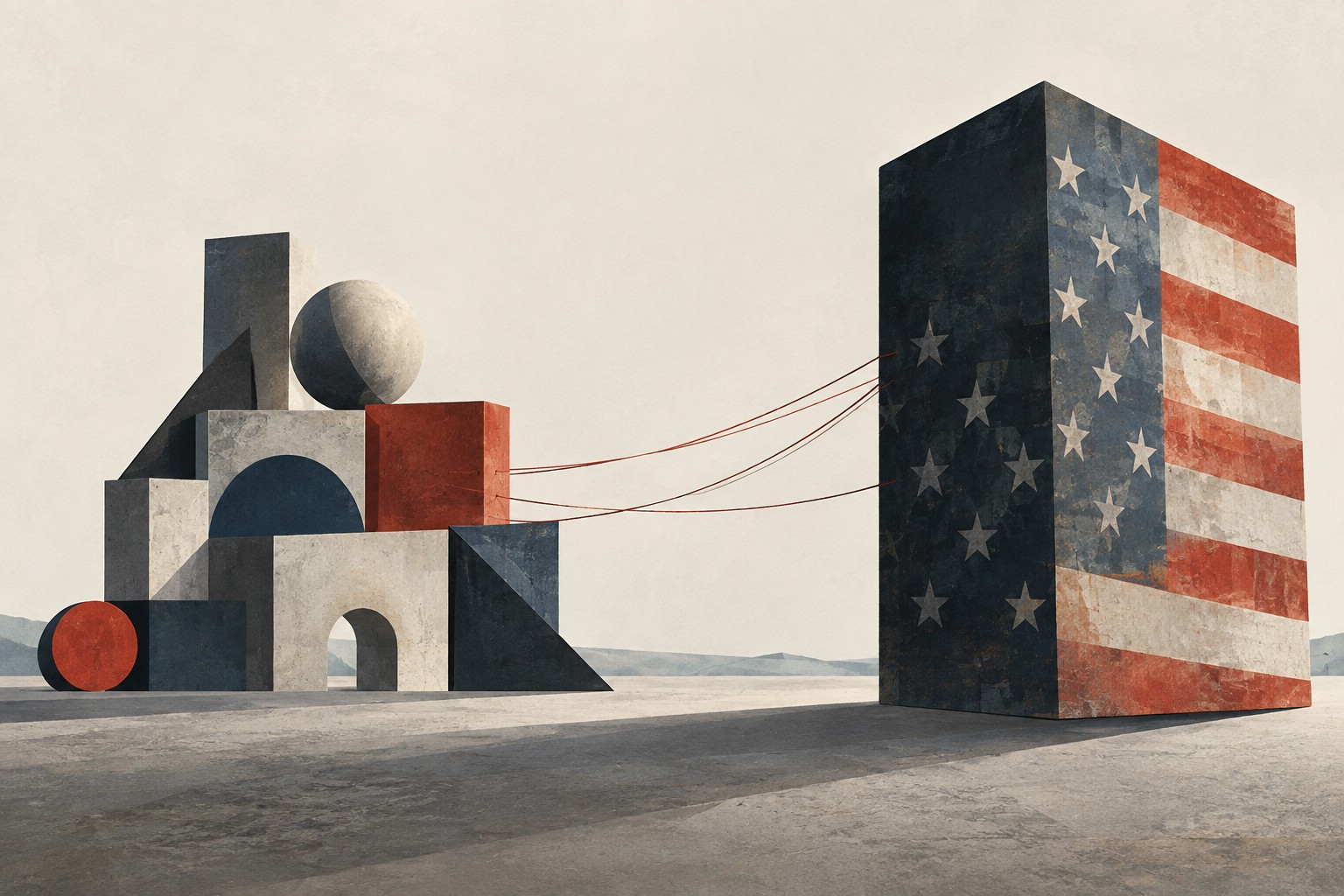 An American flag block stands apart from smaller geometric structures, connected by taut threads