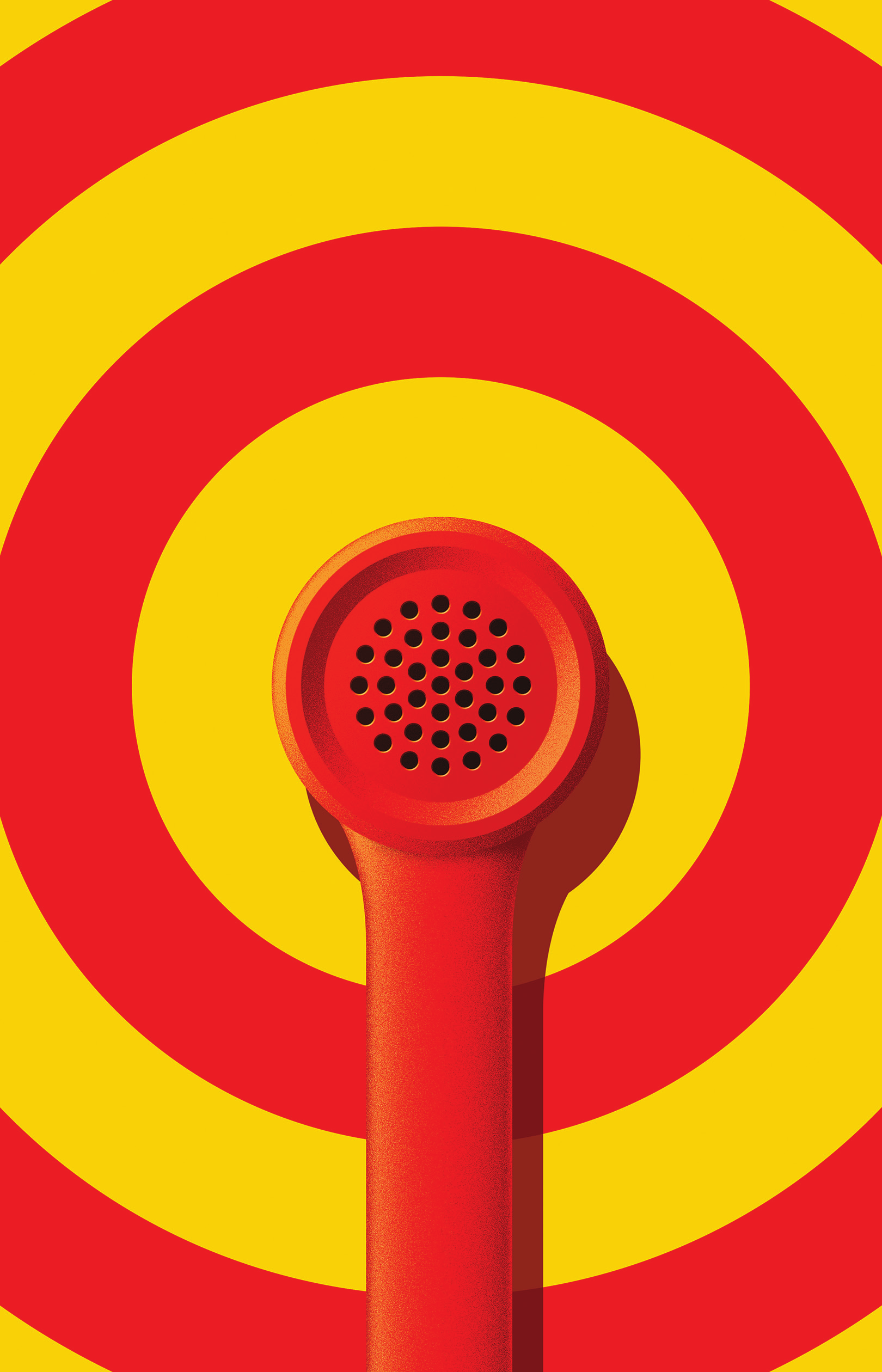 A red telephone receiver surrounded by red and yellow rings