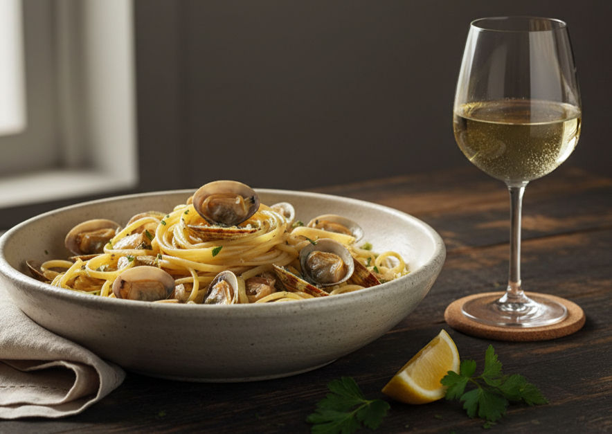 Wide-angle view of linguine alla vongole served with a glass of white wine