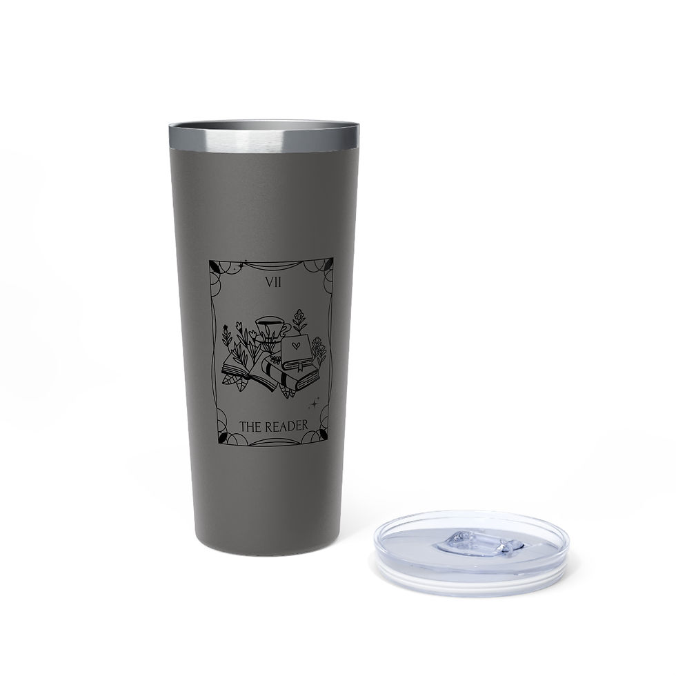 Thumbnail: Grey book lover tumbler with tarot-style The Reader art