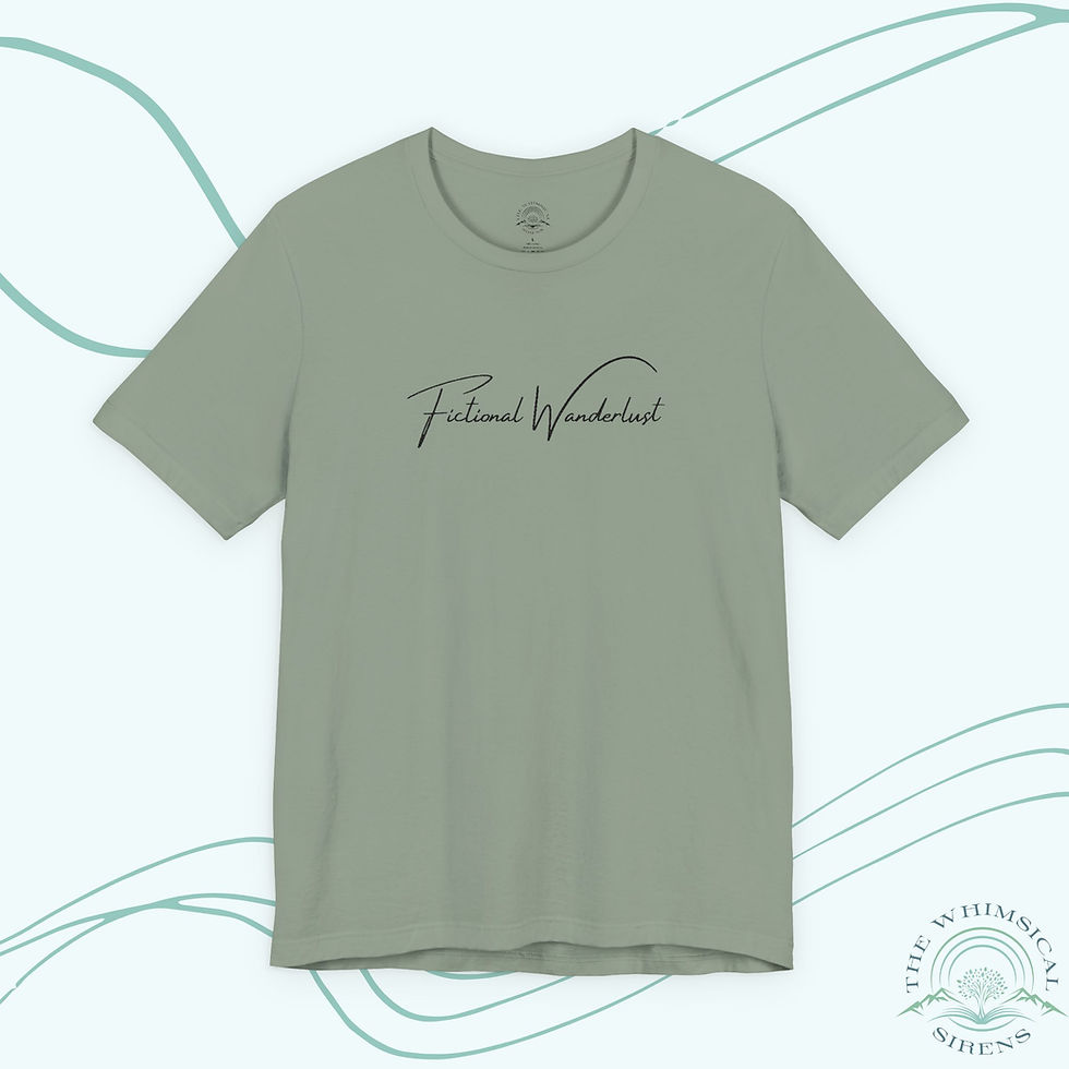 Black Thread Embroidered Fictional Wanderlust Tee for Book Lovers Sage Font View